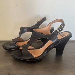 Sofft Stylish Black Leather Heeled Sandals Open Toe Slingback Women’s Size 9M